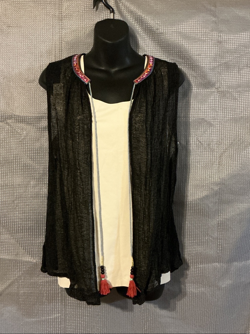 Anthropologie Black Sheer Open-Front Cardigan with Beaded Embellished Collar